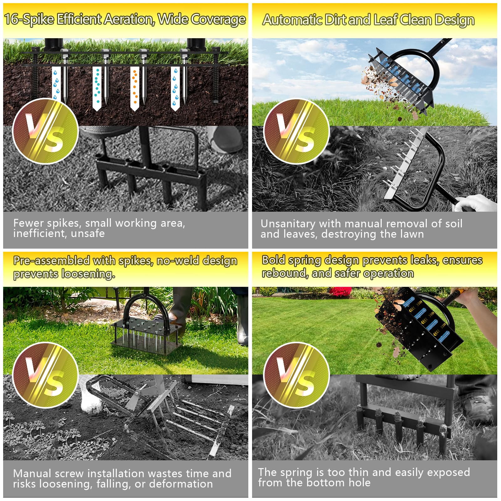 Lawn Aerator Tool With 16 Steel Spikes  Grass Tools Spring-loaded Design & Adjustable T-handle Pre-assembled Hand For Courtyard And Garden