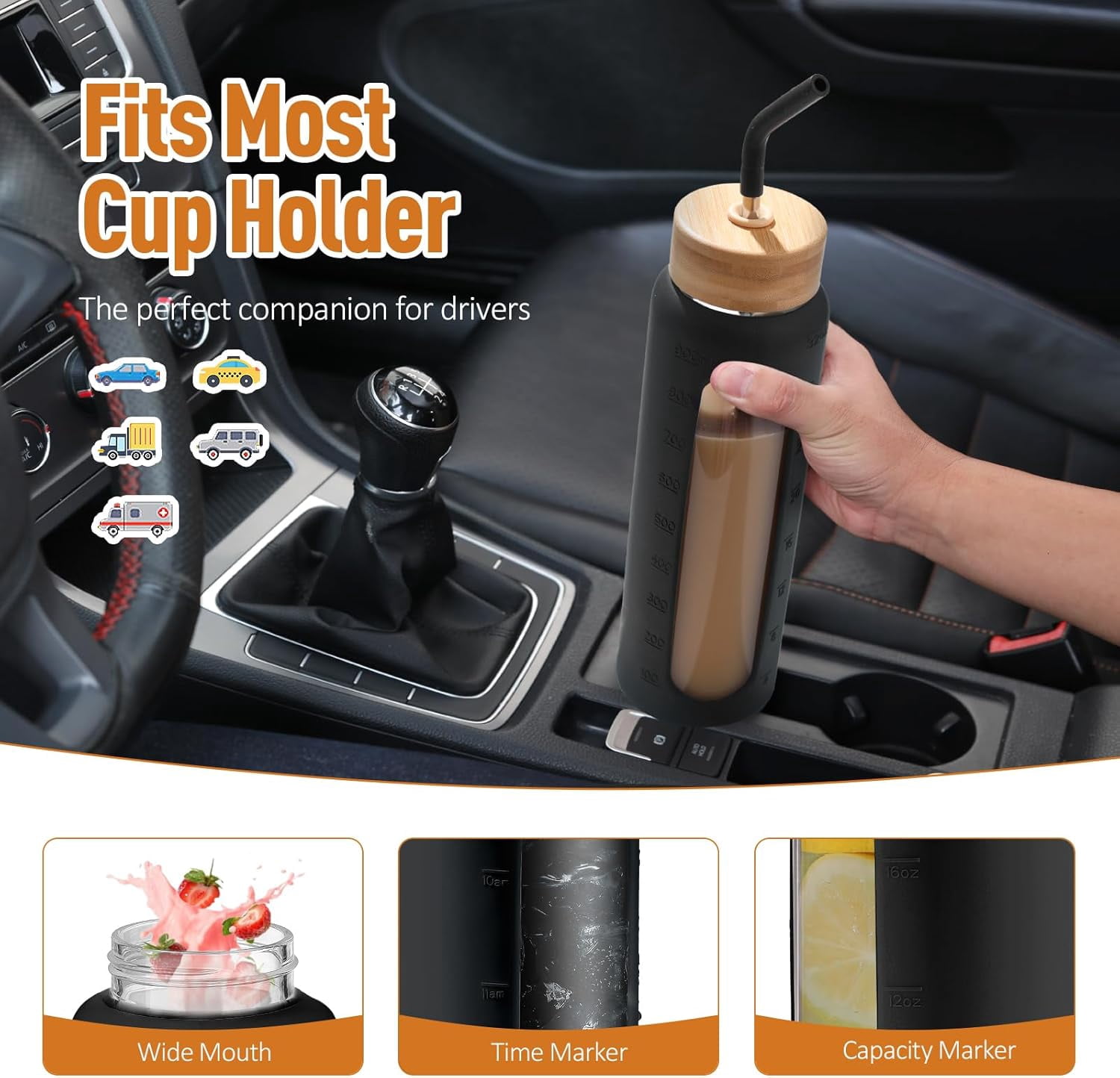 MUKOKO Glass Water Bottle, 32oz Sports Drinking Tumbler with Silicone Sleeve and Straw, 1 Cup 2 Lids, Black