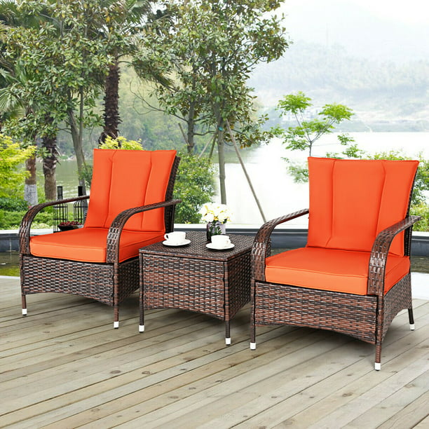 Costway 3 Pcs Patio Rattan Furniture Set Coffee Table 2 Chair W Red Cushions Com - Rattan Patio Set Cushions
