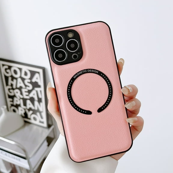 for iPhone 12 Pro Lychee Pattern PU Leather Magnetic Slim Case, Compatible with MagSafe Wireless Charging, TPU/Silicone Shockproof Lens Protection Cover for iPhone 12 Pro,Pink