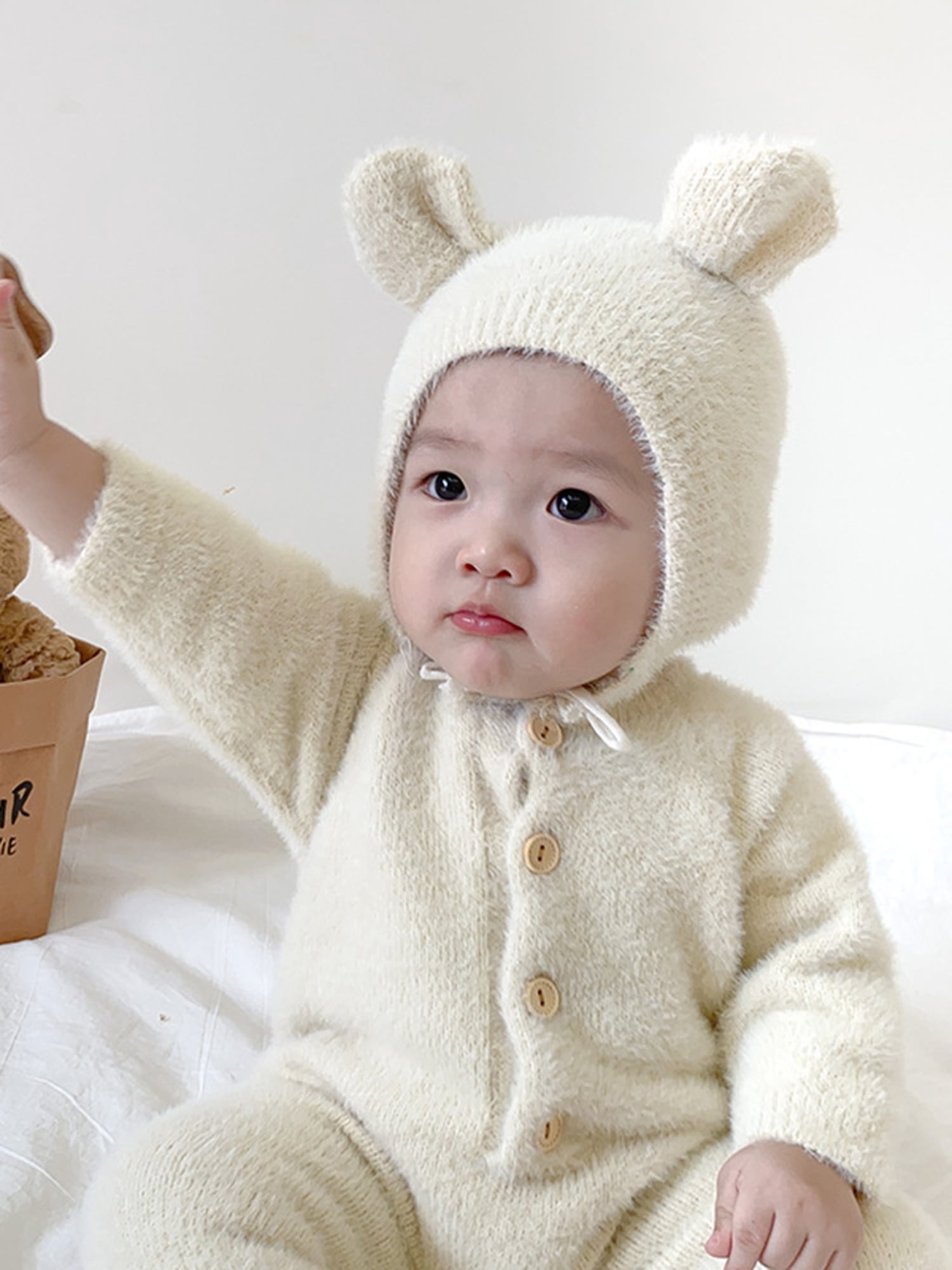 Arvbitana Infant Baby Girl Boy Plush Jumpsuit Long Sleeve Round Neck Button Closure Solid Color Playsuit  + Hat Winter Warm One Pieces Clothes for Infant 2Pcs 0-24M