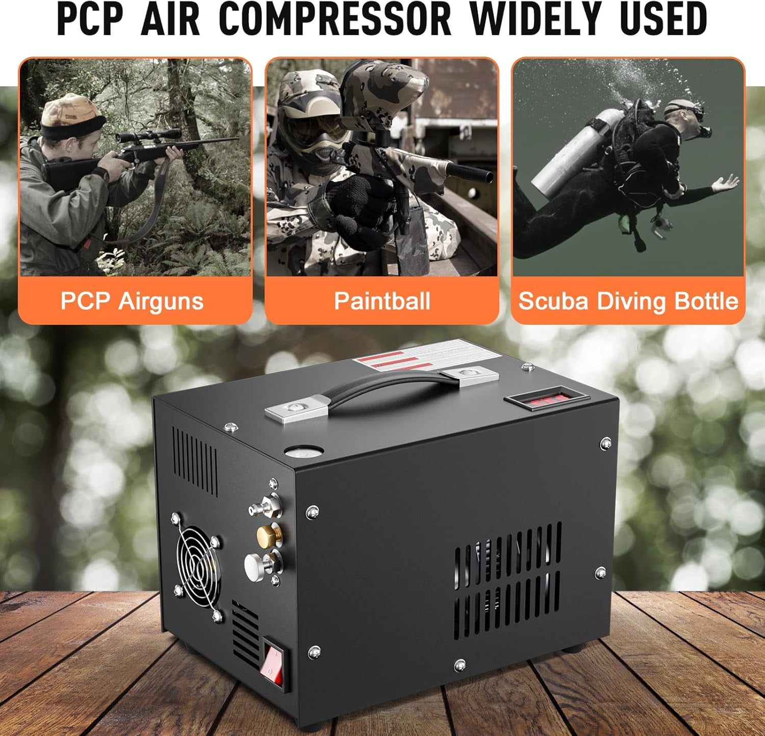 PCP Air Compressor, Portable 4500Psi / 30Mpa Pump, Supports 12V DC or 110V / 220V AC, Oil/Water-Free(Manual-Stop)