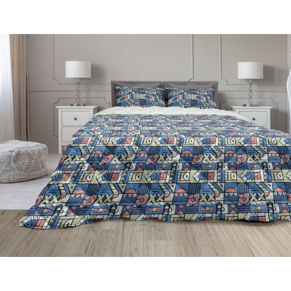Ethnic Comforter & Sham Bedding Set, Print with Folk Traditional Motifs Hand Drawn Style Indigenous Art Elements, 3 pcs Duvet Set Microfiber Filling Quilt, 5 Sizes, Multicolor, by Ambesonne