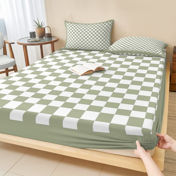 Full Size Fitted Sheet Set - Sage Green Plaid 3 Piece Bedding Sets 16" Deep Pocket Fitted Sheet with 2 Pillowcases Farmhouse Green White Checkered Lace Brushed Microfiber Hotel Luxury Bed Sheets