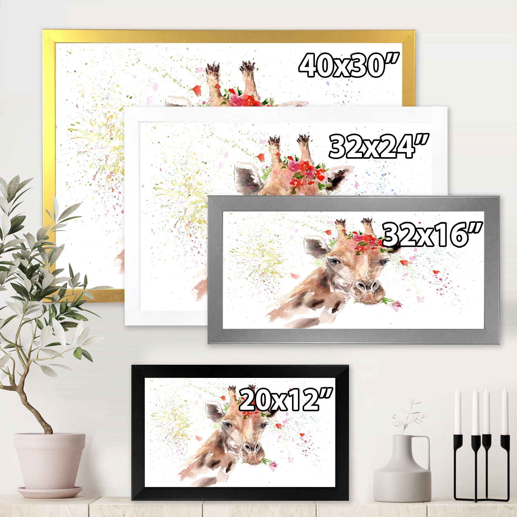 Designart 'Portrait of A Giraffe With Red Flowers II' Farmhouse Framed Art Print