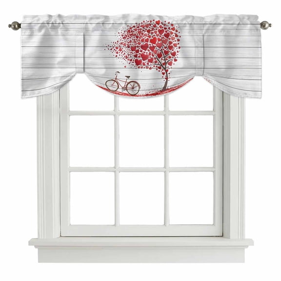 Valentine's Day Tie Up Valance Curtains for Windows, Kitchen Curtains Window Treatments, Love Trees Bike Romanic Grey Wooden Short Window Shades Valances for Bedroom Bathroom Cafe 54"x18"