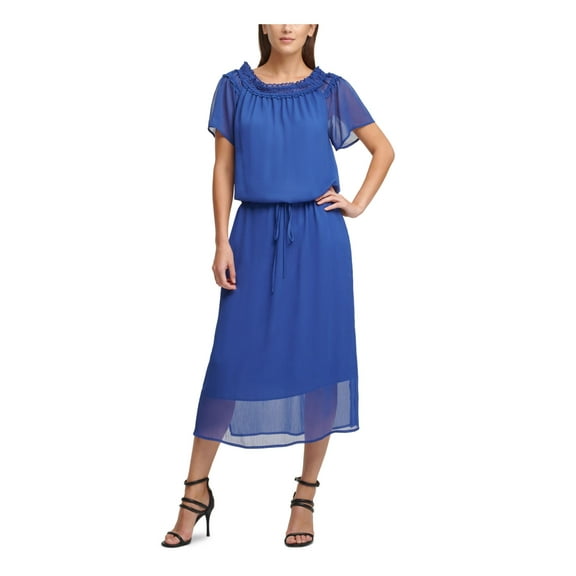 DKNY Womens Blue Sheer Short Sleeve Off Shoulder Maxi Wear To Work Blouson Dress XL