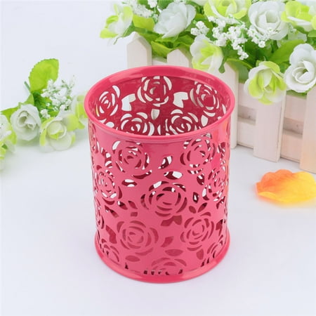 Fashionable Carved Hollow Rose Flower Pattern Cylinder Metal Pencil Pot Pen Cases Holder Box Cup for Desktop Office