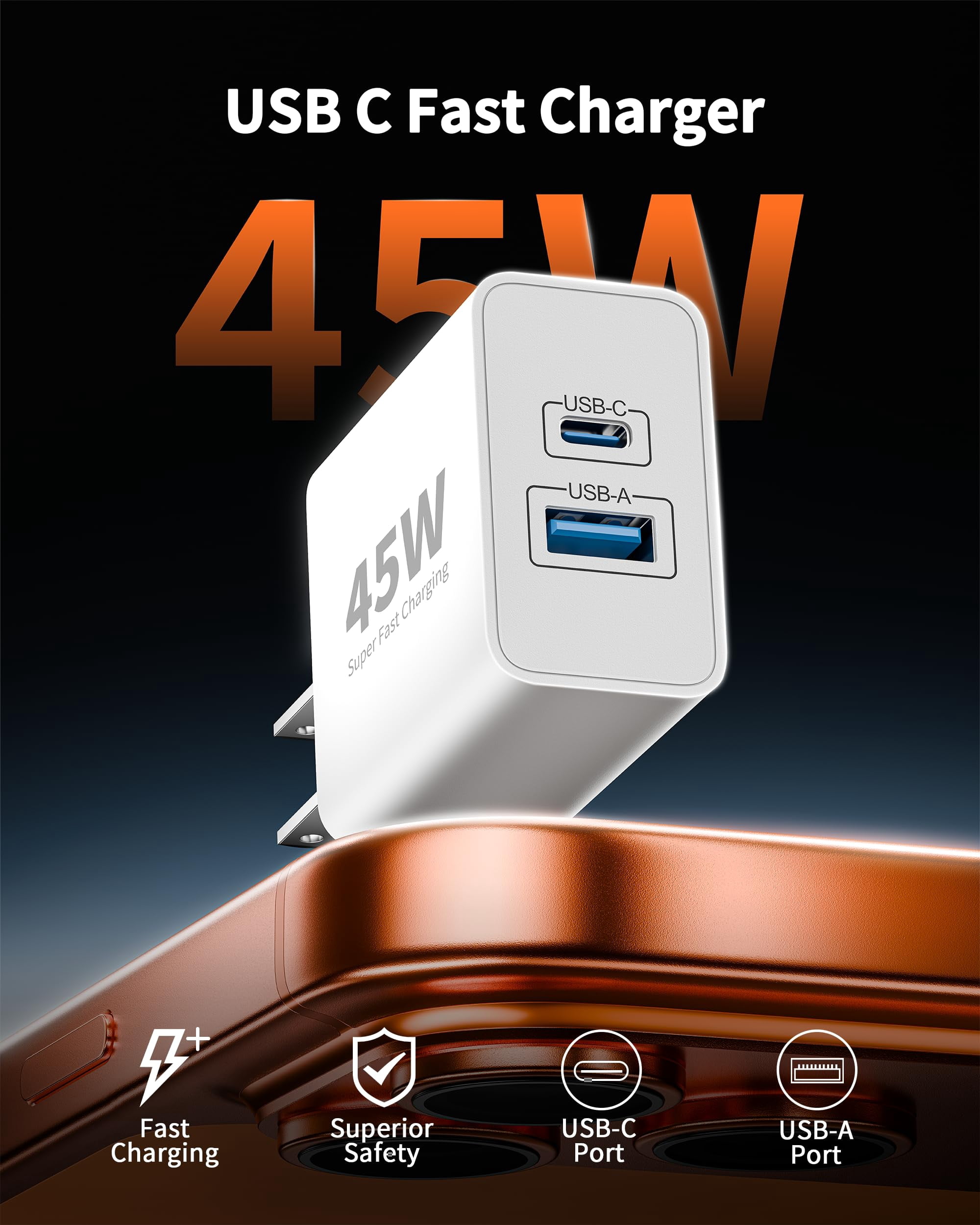 LujingZ 2 - Pack 45W Dual Port USB C Fast Wall Charger with 6FT Type C Cable, Fast Charging, Compatible with iPhone 17/17e/17 Pro Max/Air/16/16 Pro Max/15/15 Plus, iPad