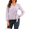 thumbnail image 5 of INSPIRE CHIC Women's V Neck Swiss Dots Blouse Lantern Sleeve Tie Waist Chiffon Peplum Top XS Lavender Purple, 5 of 7