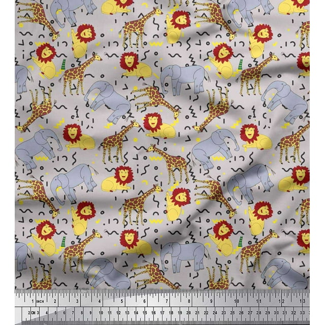 Soimoi Gray Poly Georgette Fabric Lion,Giraffe & Elephant Kids Print Fabric by The Yard 52 Inch Wide