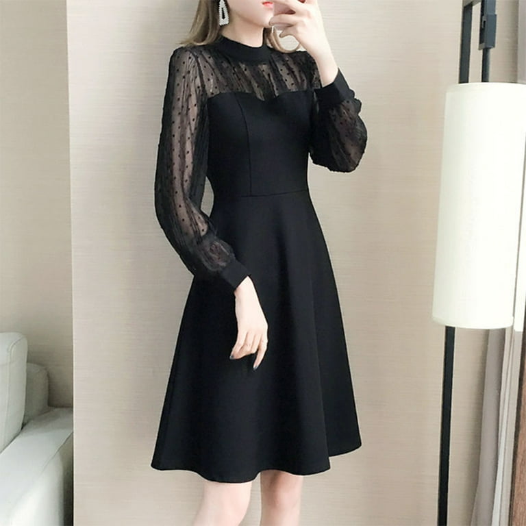 Aeeaying See through Shoulder Middle Length Dress Sexy Party Christmas Dress for Woman black 2XL