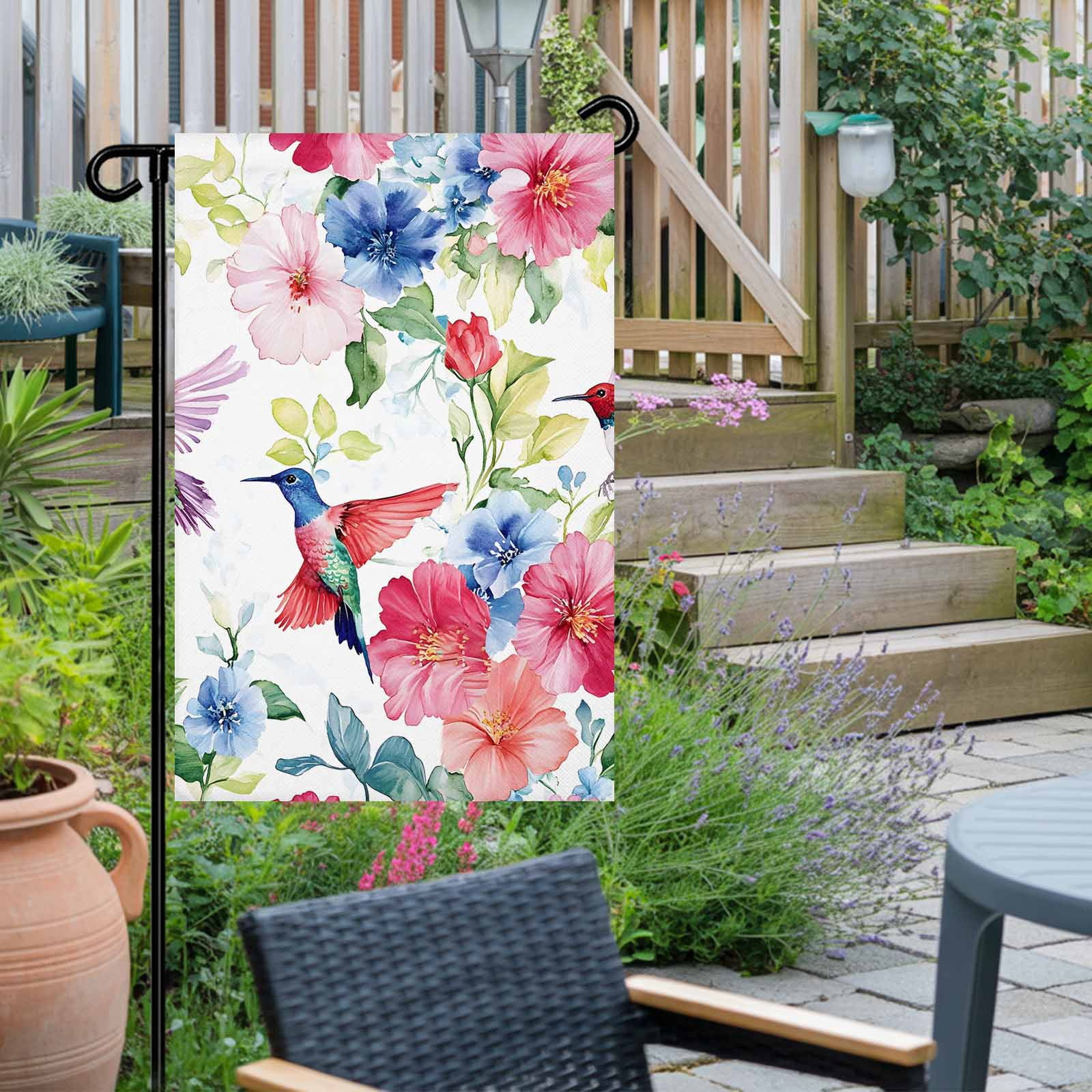 Garden Flag Double-Side Printed House Flag Hummingbird Yard Flag Watercolor Bird Flower Welcome Banner Decor Outdoor Holiday Decorations 28*40in