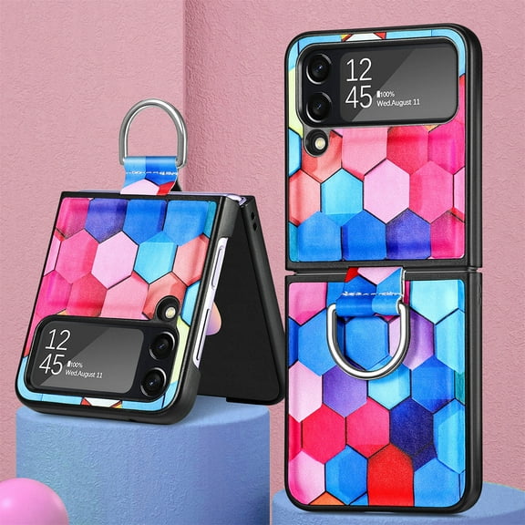 For Samsung Galaxy Z Flip 4 Case Luxury PU Leather Colorful Shockproof Ring Holder Portable Protective Cover