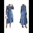 thumbnail image 3 of Vestidos de Invitada de Boda de Otoño para Mujer, con Mangas Largas Abullonadas, Fruncido, Cuello Redondo, Informal, Escalonado, Corte A, Vestido Fluido Azul L, 3 of 7