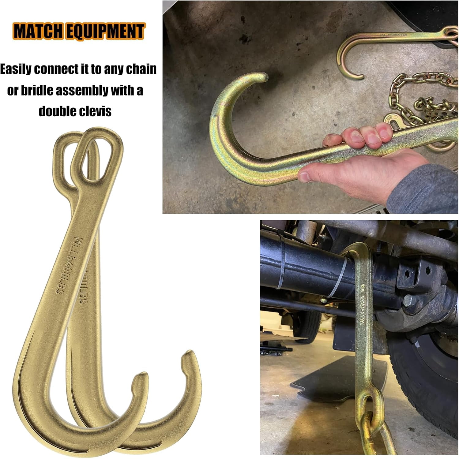 2PCS 15" Heavy Duty J Hooks for Towing, Yellow Zinc Plated Tow J Hook Grade 70 Clevis J Hook for Transport Chain, 5400LBS Capacity Heavy Load