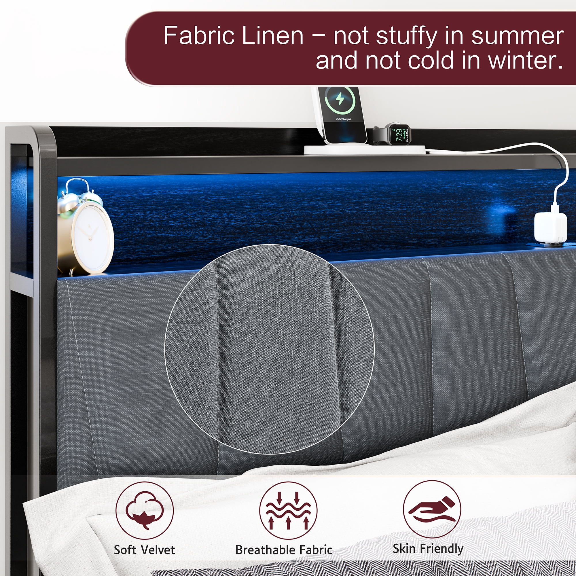 Walsunny Queen Bed Frame with Led Light, Metal Platform Bed with Charging Station and Linen Fabric Storage Headboard, Strong Metal Slats