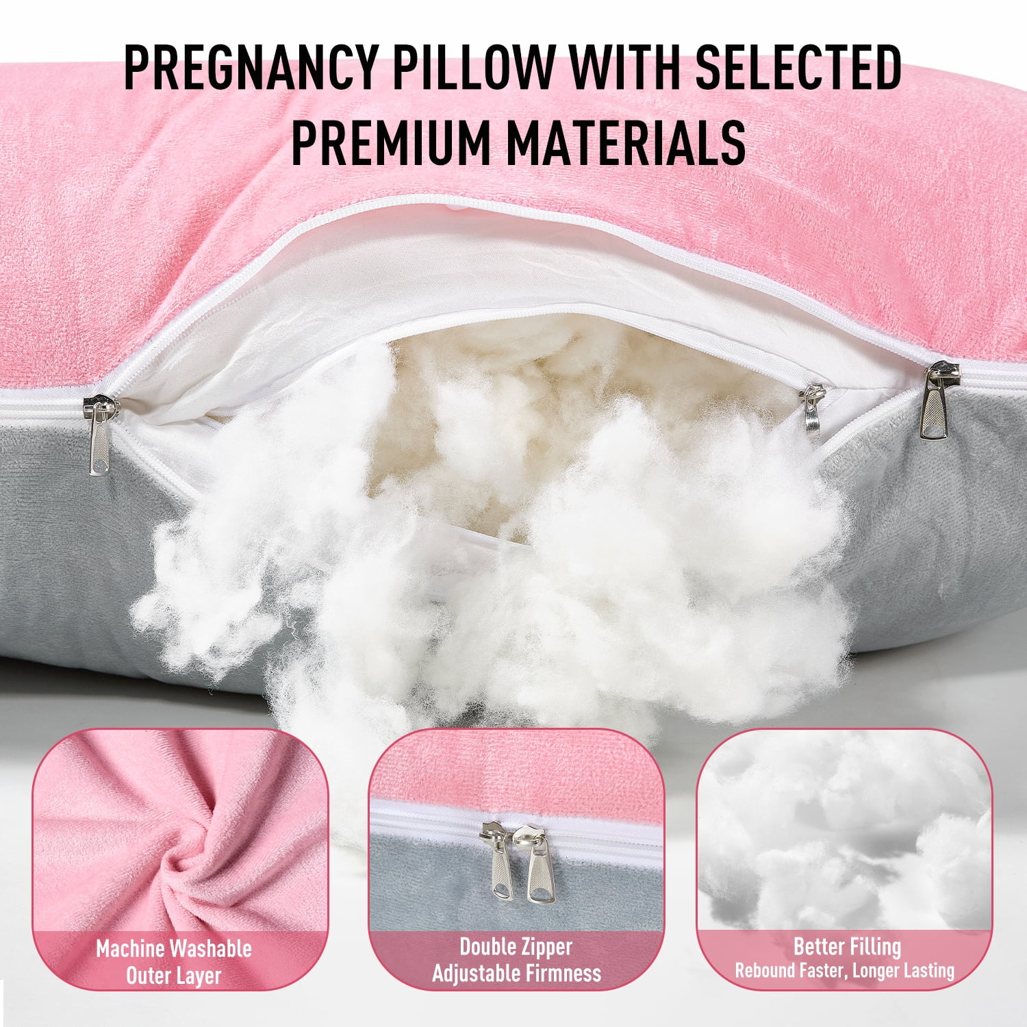 Babyomi J Shaped Maternity Pillow - Full Body Support for Pregnancy, Back & Hip Pain Relief, 3-in-1 Nursing Pillow, Machine Washable Cover, Grey Pink
