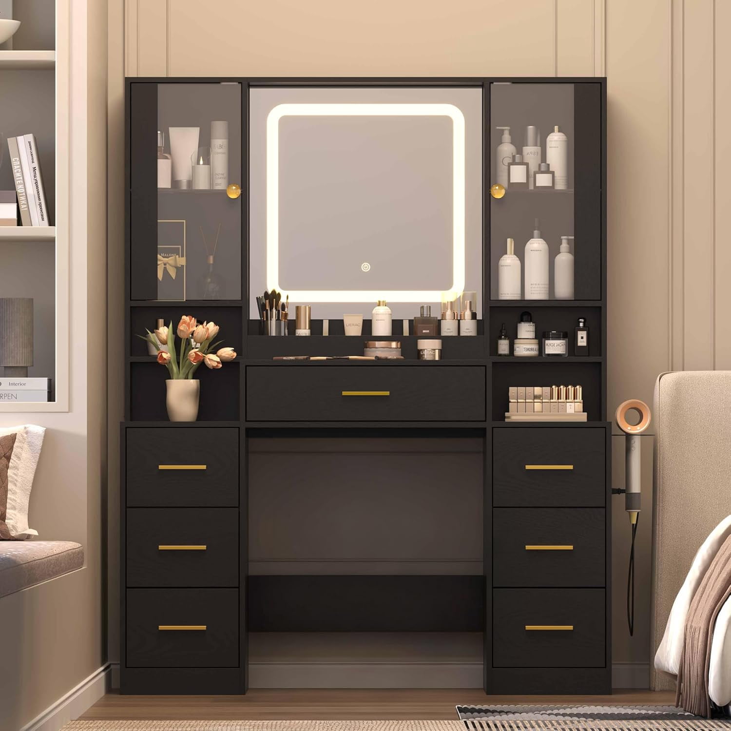 FANRAL Large Vanity Desk with LED Lighted Mirror & RGB Glass Cabinets,Built-in Charging Station & 7 Drawers,Modern Dressing Table for Bedroom Beauty Spaces,Black Vanity