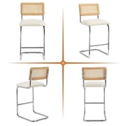 Zesthouse 26 Rattan Counter Height Bar Stools Set of 2, Boucle Upholstered Barstools with Cane Back and Chrome Base, Mid Century Counter Height Chairs for Kitchen Island, White