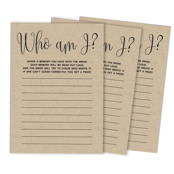 Inkdotpot 50-PackWho Am I GuessingGameBridal ShowerGameWedding Shower Bachelorette Party ActivityGameCardsKraft Rustic