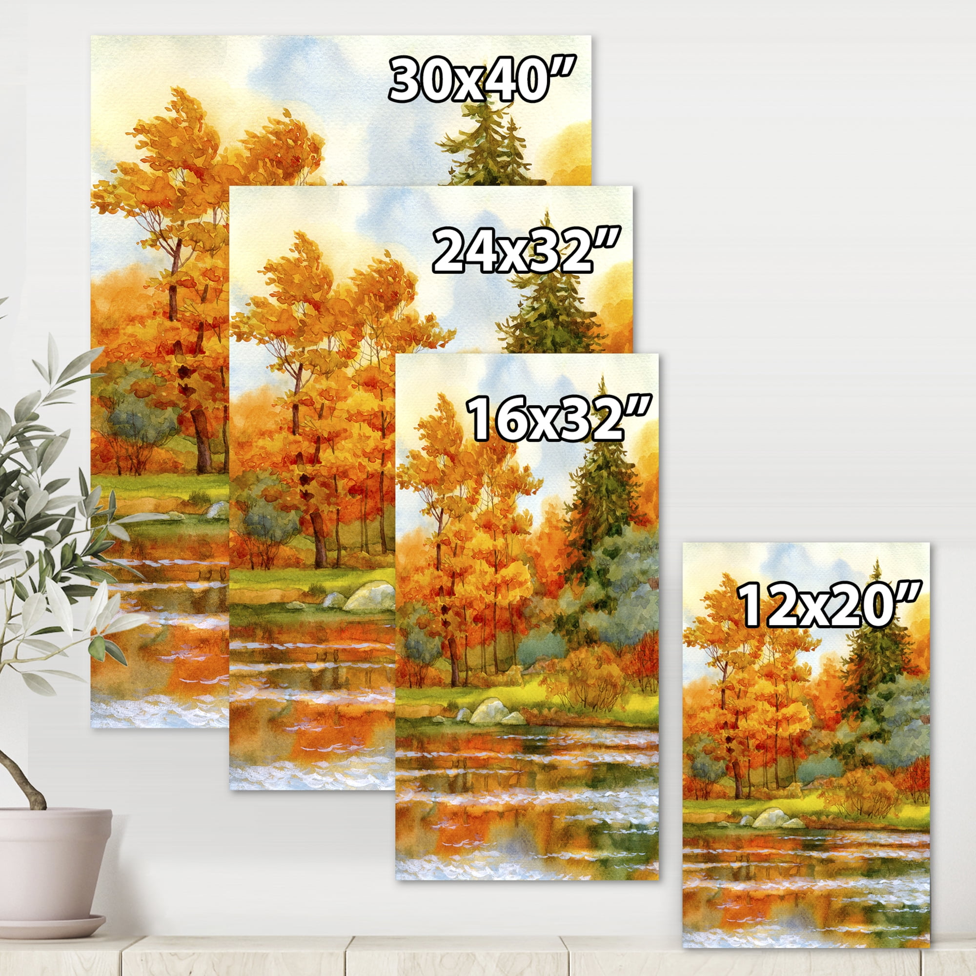 Designart ' Autumn Forest By The Lake Side III ' Lake House Canvas Wall Art Print