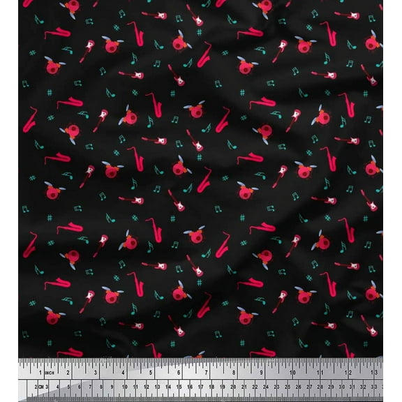 Soimoi Cotton Duck Fabric Notes,Guitar & Drumkits Musical Instrument Printed Fabric 1 Yard 42 Inch Wide