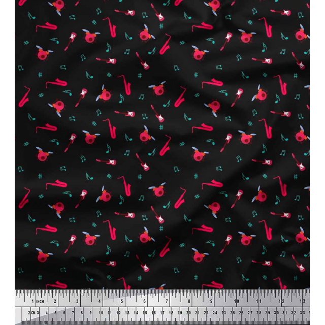 Soimoi Viscose Chiffon Fabric Notes,Guitar & Drumkits Musical Instrument Fabric Prints by Yard 42 Inch Wide