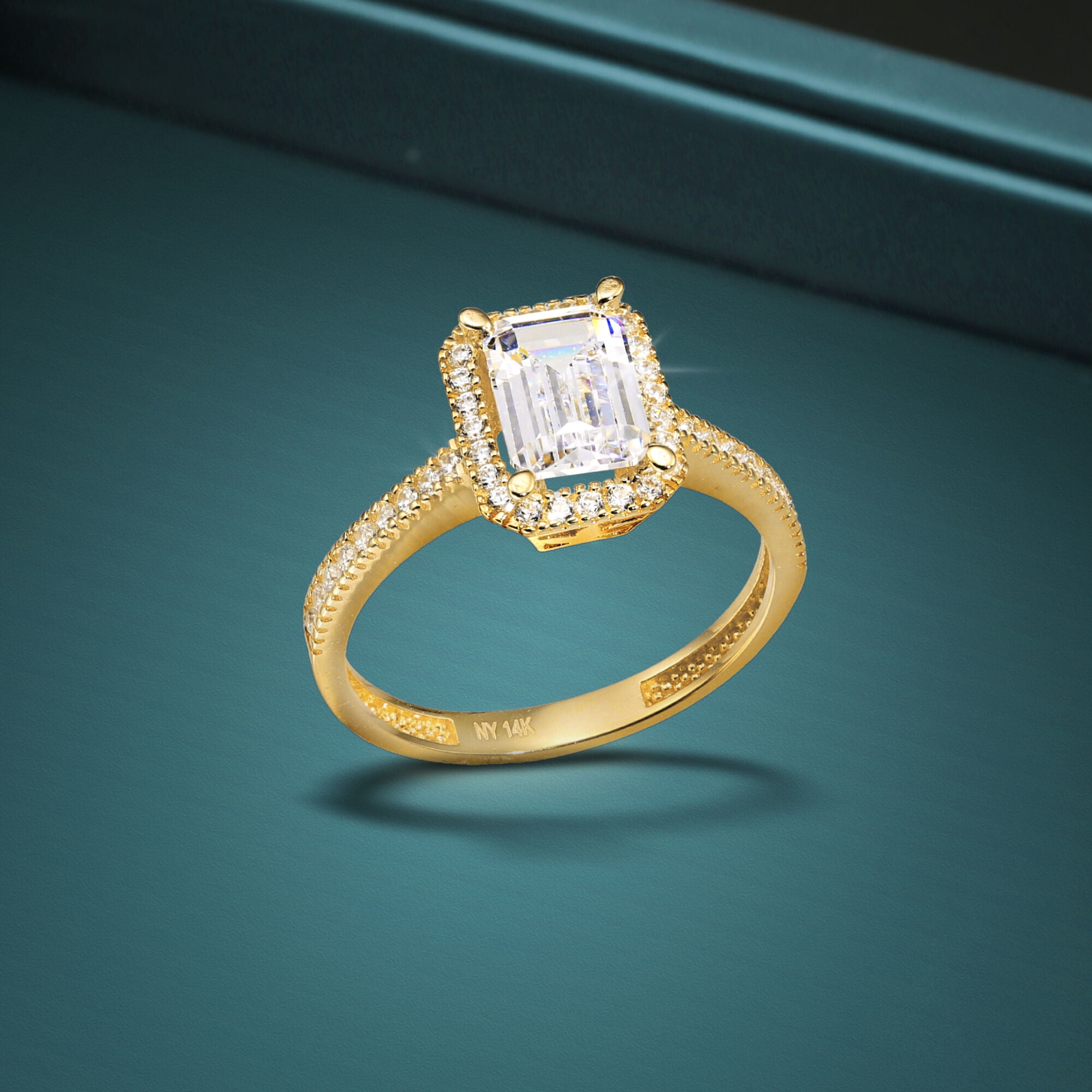 Tilo Jewelry 14K Yellow Gold 1 Carat Solitaire Emerald-Cut Halo Engagement Wedding Ring with Side-stone Accents | Size 9 | Classic Engagement Ring for Women