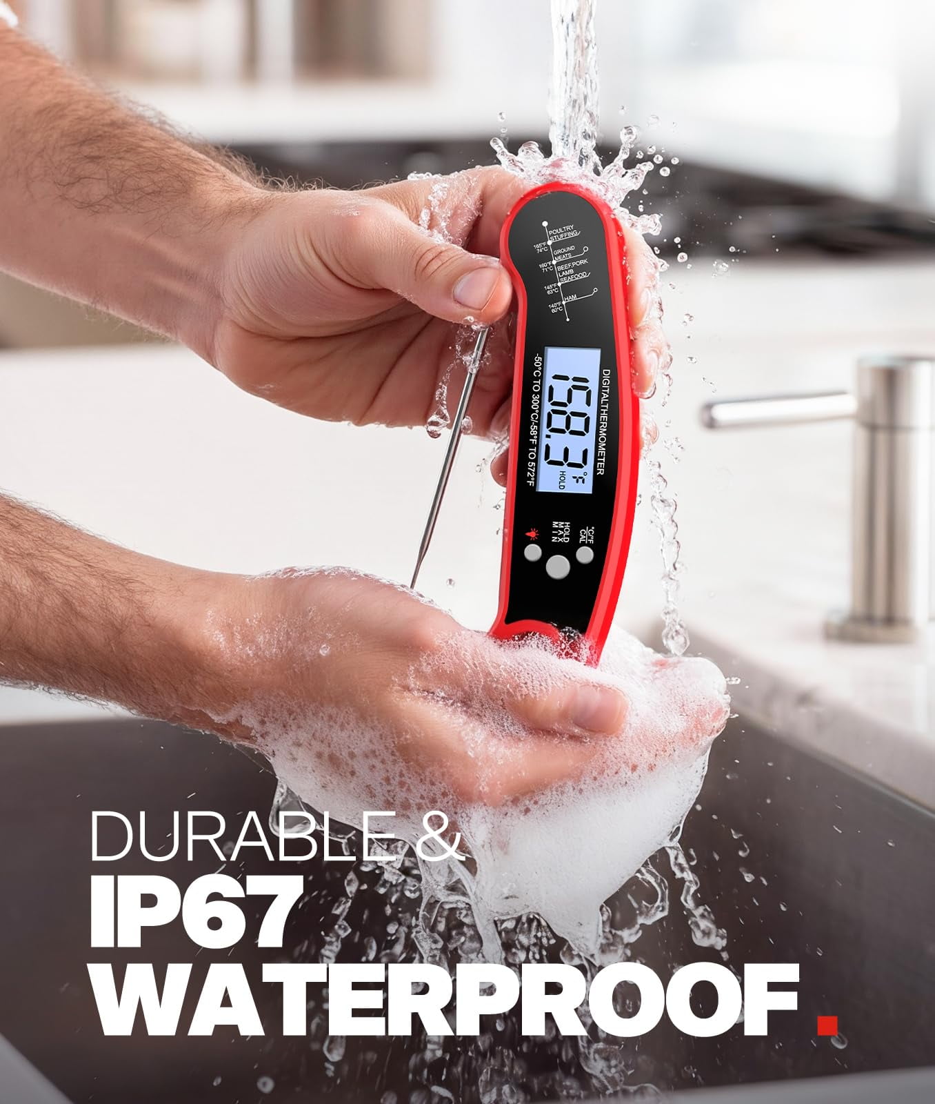 CAURHQSX Meat Thermometer Digital - Instant Read Food Thermometer for Cooking Grilling, Candy, Air Fryer, Griddle Probe Kitchen Gadgets Essentials BBQ Accessories, Gifts for Him, Red