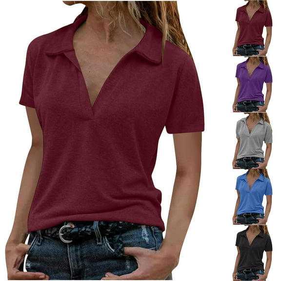Olyvenn Lapel Collar V Neck T-Shirts for Women Short Sleeve Basic Blouse 2025 Summer Loose Fit Casual Tunic Tops Blue XXL