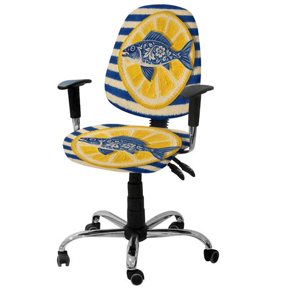 Blue Fish Lemon Slice Office Chair Covers Stretchable Coastal Mediterranean Blue White Striped Split Computer Desk Chair Cover Universal Spandex Chair Seat Covers Rotating Boss Arm Chair Slipcovers