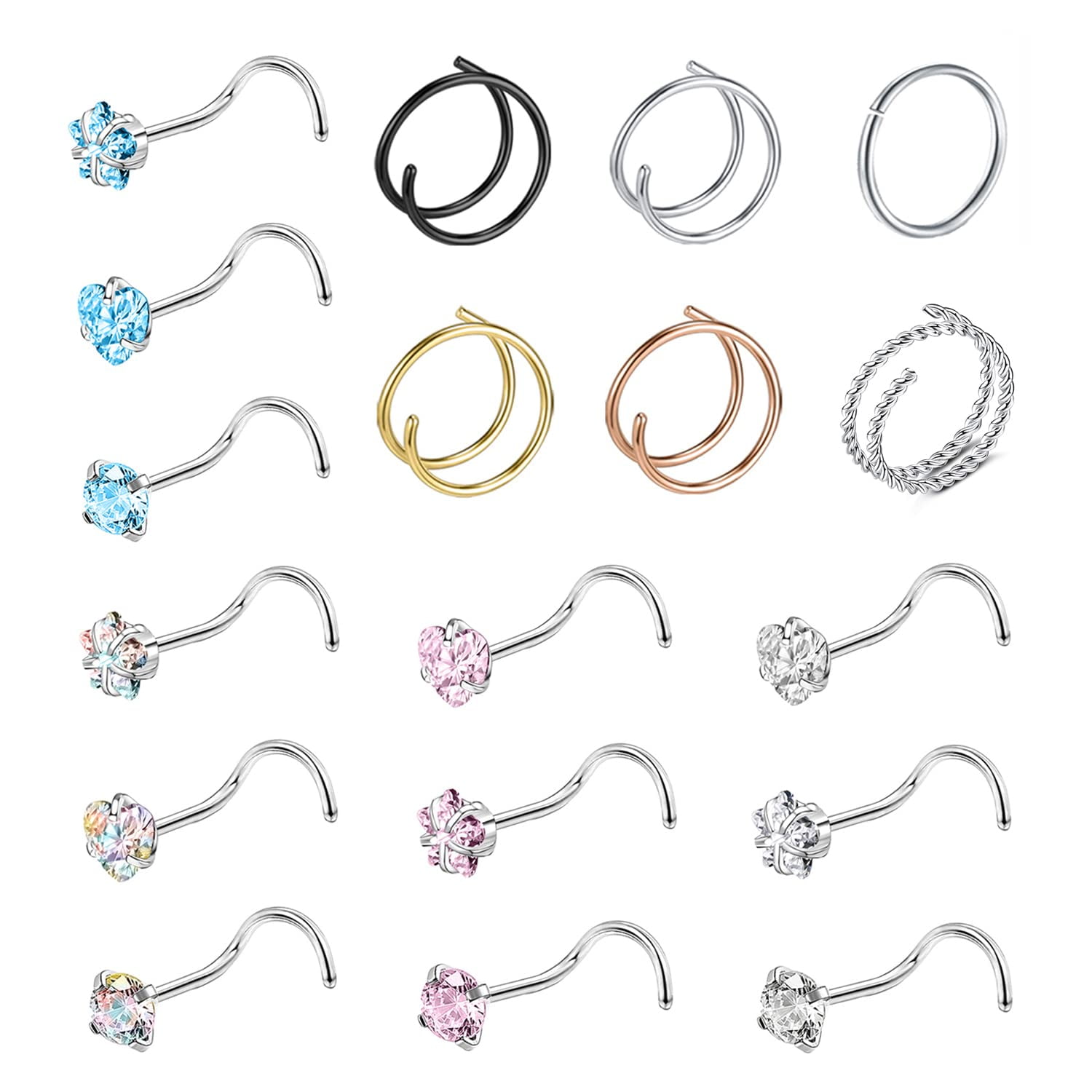 ZS 18Pcs/Set 20g Hoop Nose Ring CZ Nostril Piercing Corkscrew Nose Stud