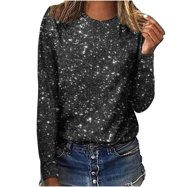 Amzcrzy Hauts pour Femmes Mode Col Rond Hauts à Sequins pour Femmes Manches Longues Polyvalentes Décontractées Printemps Été Hauts Confortables Élégants pour Sortir