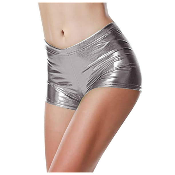Pantalones cortos rave de piel sintética para mujer: cintura alta, brillo metálico, sexy, para salir de fiesta