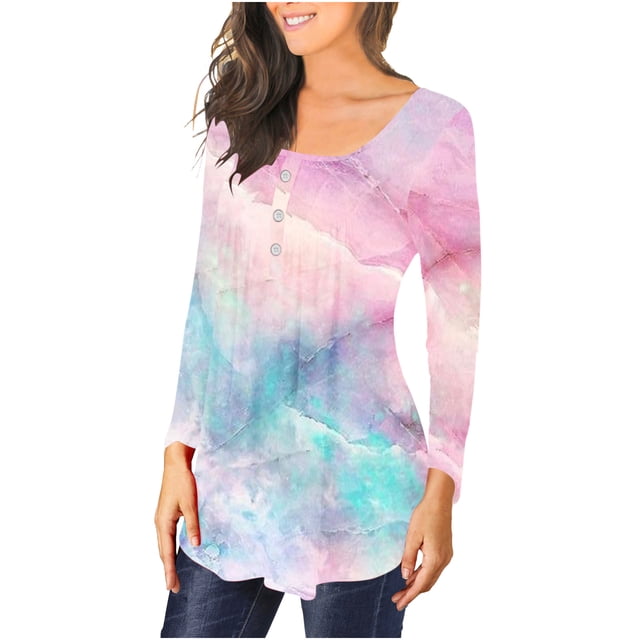 Camiseta informal para mujer, blusa estampada de manga larga con cuello redondo y fruncido Pompotops FGAJ8633