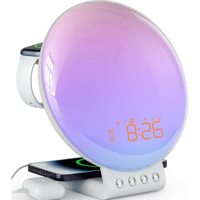 Dekala Réveil Lever de Soleil avec Double Charge Sans Fil pour iPhone/Apple Watch/AirPods, Sons de Bruit Blanc Machine Simulation Coucher de Soleil/soleil, Lampe de Table Double Alarme, Contrôle Bouton/tactile