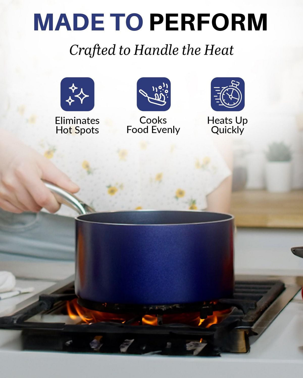 Granitestone 2.5 Quart Non-Stick Blue Saucepan with Glass Lid Durable Aluminum Oven and Dishwasher Safe