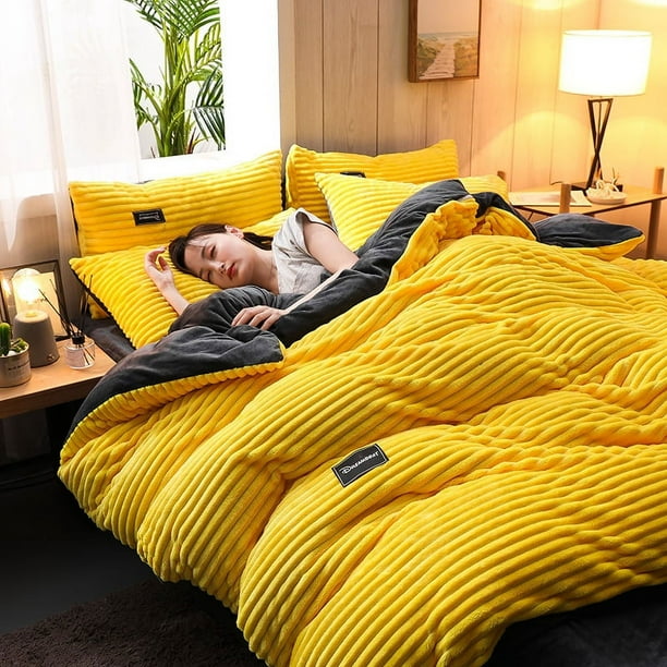 Juego de cuatro piezas de vellón de coral grueso, edredón de franela de doble cara, funda de edredón de vellón de cristal de invierno, cama con forro polar mágico