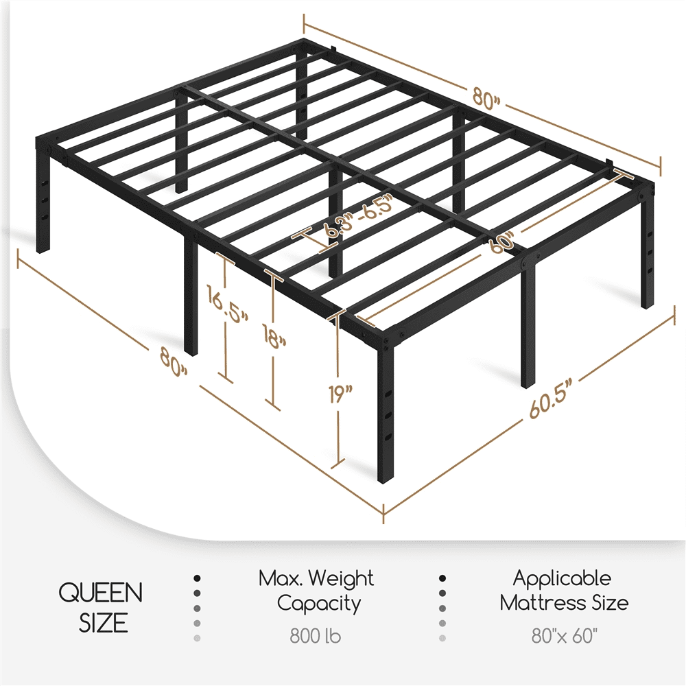 Alden Design Queen Size 18" Platform Bed Frame, No Box Spring Needed, Adult, Black