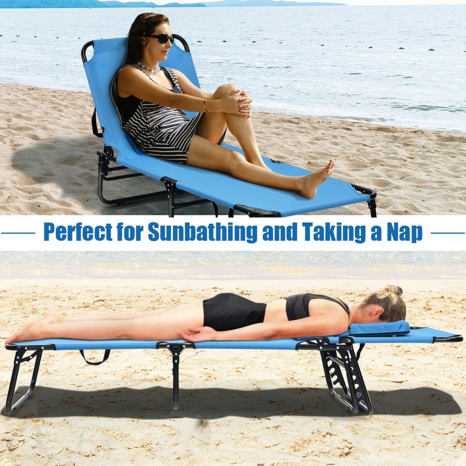 Aimee Lii Outdoor Folding Chaise Beach Pool Patio Lounge Chair Bed with Adjustable Back and Hole, Patio Loungers, Blue