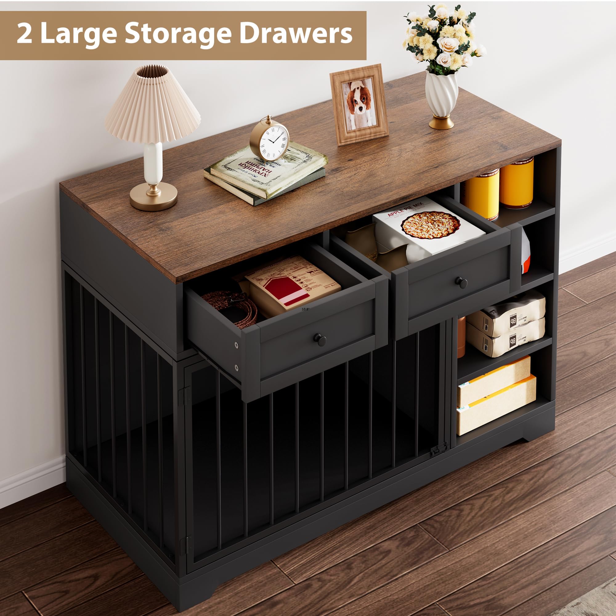 Litake Dog Crate Furniture 47”, Large Dog Crate TV Stand with 2 Drawers and 4 Shelves, Wooden Dog Kennel Indoor, Decorative Dog Cage with Storage for Large Dogs, Black
