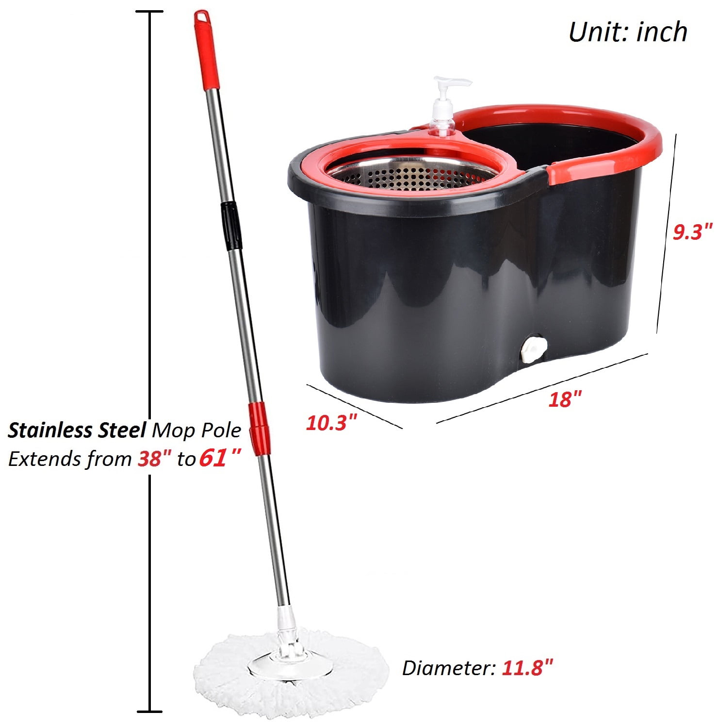 Spin Mop and Bucket with Wringer Set, 360° Rotating Head Mop Bucket System,  3 Microfiber Mop Heads for Floor Cleaning (Black & Red)
