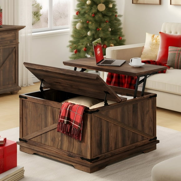 Farmhouse Square Lift Top Coffee Table with Storage, Wood Center Table for Living Room, Walnut