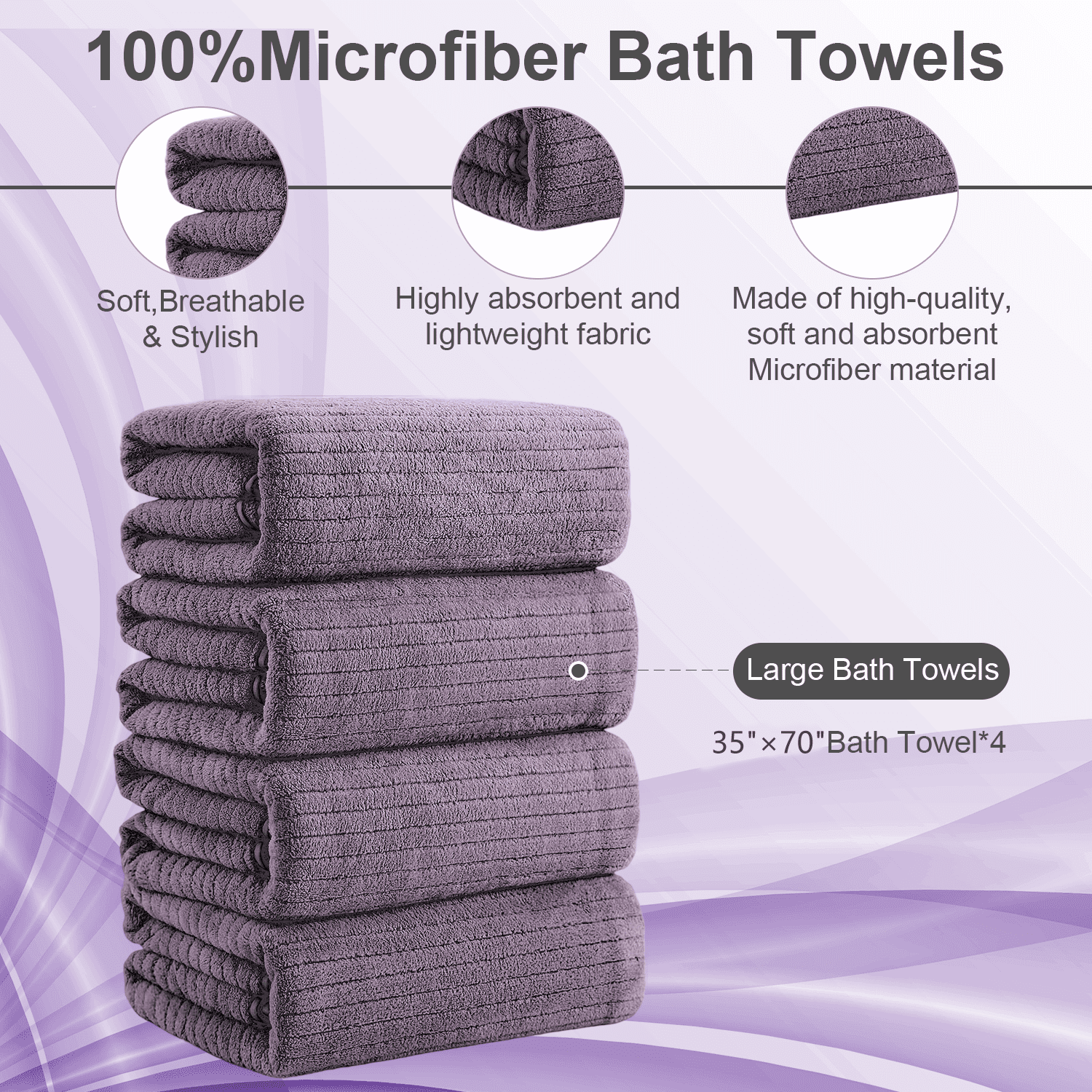 Covina Home 4 Pack Dark Purple Bath Towel Set Microfiber Bathroom Towel Set Ultra Soft Plush Oversized Towels Adult Luxury Bath Sheet