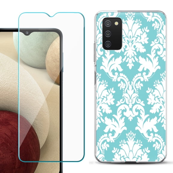 Slim-Fit TPU Fashion Phone Case for Samsung Galaxy A03s, with Tempered Glass Screen Protector, by OneToughShield ® - Victorian White/Teal