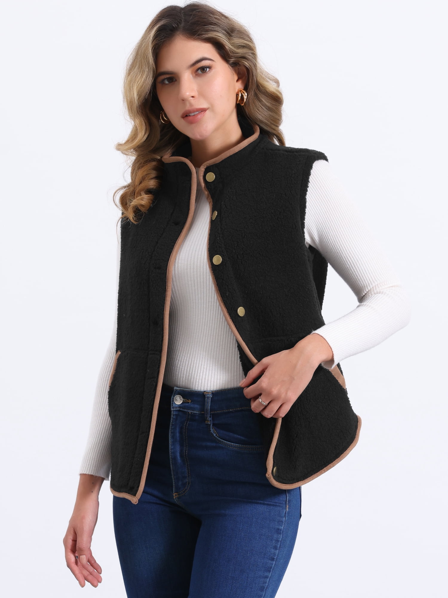 DARING DIVA Women's Fleece Button Down Jacket with Pockets Oversized Fuzzy Vests S Black