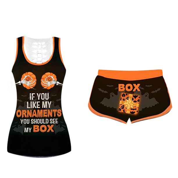Conjunto de camisetas sin mangas de Halloween para mujer Pantalones cortos de cintura elástica con estampado de calabaza Fridja fhjkhfk456289