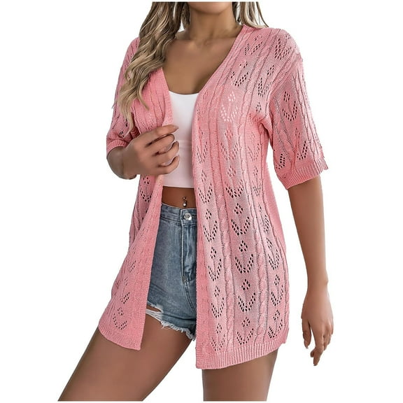 yardsong Ladies Lightweight Summer Crochet Cardigan for Women Short Sleeve Kimono Boho Oversized Open Front Knitted Cardigan 2025 Pink,L