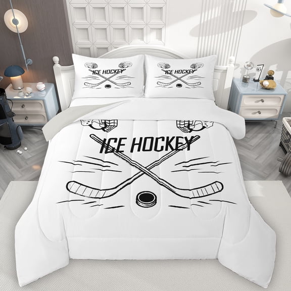 Manfei Boys Ball Game Bedding Comforter Set,Ice Hockey Lovers Twin Comforter Sets,White Black Bedding Set For Boys Kids,Microfiber Bedroom Decor Reversible,2 Pieces